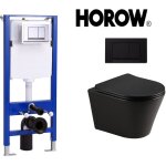 Toilette murale noire sans cadre avec rservoir cach et plaque de pousse chrome noire, ensemble complet ...