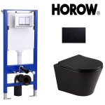 Toilette murale noire sans cadre avec rservoir cach et plaque de pousse chrome noire, ensemble complet ...