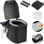Toilette portable avec couvercles, supporter 200kg, wc de camping avec porte rouleau de papier, 1 sac ...