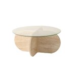 Table basse ronde en verre et effet travertin