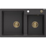 Tomas �vier en granit � 2 cuves 800 x 500 mm, noir mouchet�, siphon or - 6516802000 - 76 - g - mexen