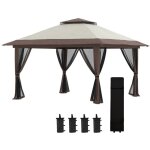 Tonnelle et pergola pliante - 4x4m - toit double beige - protection uv - rideaux moustiquaires - hauteur ...