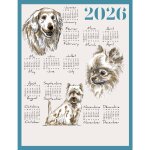 Torchon calendrier 2026 motif chiens coton bleu 46x60 cm