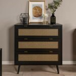 Toscohome - commode 80x80h cm avec 3 tiroirs noirs avec faades en osier - vienna03a
