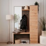 Toscohome - meuble d'entrée avec façade striée et miroir couleur chêne et anthracite 122x190h cm - medan ... Toscohome - meuble d'entrée avec façade striée et miroir couleur chêne et anthracite 122x190h cm - medan ...