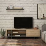 Toscohome - meuble tv avec étagère et tablettes coloris chêne et anthracite 160 cm - stockton Toscohome - meuble tv avec étagère et tablettes coloris chêne et anthracite 160 cm - stockton
