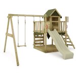 Tour de jeux portique d'escalade jazzyjungle avec balanoire et toboggan, cabane de jeu avec bac  sable, ...