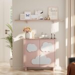 Buffet bas à 2 portes, meuble de rangement, Étagère réglable à 3 positions, poignée cachée, motif de ... Buffet bas à 2 portes, meuble de rangement, Étagère réglable à 3 positions, poignée cachée, motif de ...