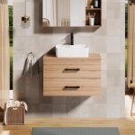 Uev meuble sous lavabo suspendu 80, 5cm, meuble salle de bain avec vasque � poser, lavabo en c�ramique, ...