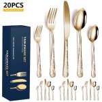 Ulisemlot de 20 couverts en acier inoxydable poli avec miroir de fleurs comprenant couteau, fourchette, ...