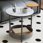 Unho - table d'appoint ronde marbre, 3 niveaux bout de canapé avec rangment en cuir de selle, plateau ... Unho - table d'appoint ronde marbre, 3 niveaux bout de canapé avec rangment en cuir de selle, plateau ...
