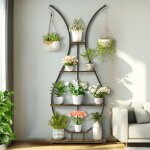 Tag�res � fleurs en m�tal � 5 niveaux porte plantes en forme de haute vase avec 2 crochets, plateaux ...