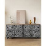 Uniqka - lotus - grand buffet noir cérusé en manguier massif sculpté 180 cm Uniqka - lotus - grand buffet noir cérusé en manguier massif sculpté 180 cm