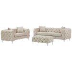 Canap� 3 places, 2 places et pouf chesterfield en velours beige edwina