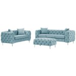 Canapé 3 places, 2 places et pouf chesterfield en velours bleu pastel edwina Canapé 3 places, 2 places et pouf chesterfield en velours bleu pastel edwina