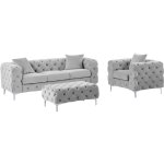 Vente - unique - canap� 3 places, fauteuil et pouf chesterfield en velours gris clair edwina