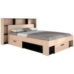 Lit 140 x 190 / 200 cm avec t�te de lit et rangements - coloris : naturel et noir - kinselia