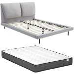 Vente - unique - lit 140 x 190 cm - velours - gris + matelas - ibedia