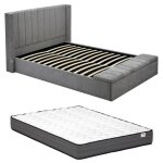 Vente - unique - lit coffre 160 x 200 cm avec banc - tissu - gris + matelas - douino Vente - unique - lit coffre 160 x 200 cm avec banc - tissu - gris + matelas - douino