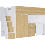 Lit mezzanine 90 x 190 cm avec armoire et bureau - blanc et naturel - lanilato