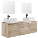 Vente - unique - meuble de salle de bain suspendu avec double vasque et miroirs - naturel clair - 150 ...