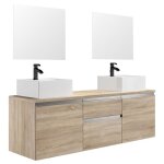 Vente - unique - meuble de salle de bain suspendu avec double vasque et miroirs - naturel clair - 150 ...