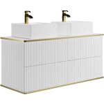 Meuble de salle de bain suspendu strié liseré doré avec double vasque à poser carrée - blanc - 120 cm ... Meuble de salle de bain suspendu strié liseré doré avec double vasque à poser carrée - blanc - 120 cm ...