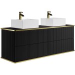 Vente - unique - meuble de salle de bain suspendu stri� liser� dor� avec double vasque � poser carr�e ...