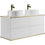 Meuble de salle de bain suspendu strié liseré doré avec double vasque à poser ronde - blanc - 120 cm ... Meuble de salle de bain suspendu strié liseré doré avec double vasque à poser ronde - blanc - 120 cm ...