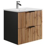 Meuble de salle de bain suspendu stri� avec vasque � encastrer - naturel clair et noir - 60 cm - madela ...
