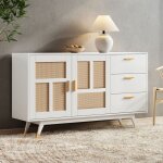 Urban meuble - buffet blanc en rotin 2 portes 3 tiroirs poignets dorés 160x40x87cm Urban meuble - buffet blanc en rotin 2 portes 3 tiroirs poignets dorés 160x40x87cm