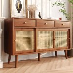 Urban meuble - buffet effet noyer vintage 3 tiroirs et 3 portes coulissantes en rotin 120x40x78cm