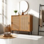 Urban meuble - meuble de salle de bain effet bois 2 portes coulissantes en rotin 100x90x37cm