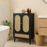 Urban meuble - meuble de salle de bain haut noir en rotin 2 portes et 1 tiroir 60x40x110, 5 cm