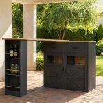 Table de bar de jardin extensible 360� noire effet bois avec portes vitr�es - urban meuble