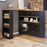 Urban meuble table de bar rotative multifonctionnelle noire et effet bois avec rangement intelligent