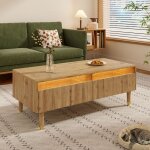 Urban meuble table basse moderne effet bois fa�ade ondul�e �clairage led 2 tiroirs peakglade