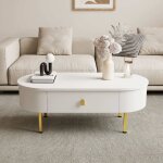 Urban meuble - table basse ovale blanche avec tiroirs et pieds dorés 108x50x40cm Urban meuble - table basse ovale blanche avec tiroirs et pieds dorés 108x50x40cm