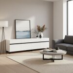 Urban meuble meuble tv blanc laqu brillant avec bande noire et 4 portes 180x40x49cm