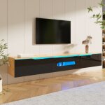Urban meuble - meuble tv suspendu effet bois et portes laqus noir brillante avec clairage led