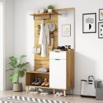 Urban meuble - vestiaire à l'entée porte manteau effet bois avec miroir, banc et rangement 104x37x190cm ... Urban meuble - vestiaire à l'entée porte manteau effet bois avec miroir, banc et rangement 104x37x190cm ...