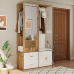 Urban meuble - vestiaire d'entrée effet bois et blanc combiné avec miroir, 2 tiroirs, 2 portes et banc ... Urban meuble - vestiaire d'entrée effet bois et blanc combiné avec miroir, 2 tiroirs, 2 portes et banc ...