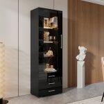 Urban meuble - vitrine haute noire �clairage led grande porte 3 titoirs 60x35x180cm
