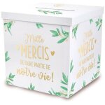 Urne de mariage - jour de fete - vive les mari�s - carr�e - couvercle � fente - v�g�tale