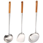 Ustensiles wok 3 pi�ces : raclette, �cumoire, spatule manche bois acier 304