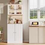 Vaisselier 180 cm, 2 portes et compartiments ouverts, bande lumineuse led, meuble de cuisine avec grand ...