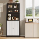 Vaisselier 180 cm, 2 portes et compartiments ouverts, bande lumineuse led, meuble de cuisine avec grand ...