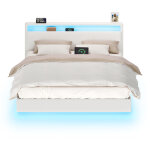 Lit double, cadre de lit, 160 x 200 cm, lit flottant, lit avec �clairage led, t�te de lit haute, multiprise, ...