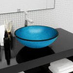 Vasque  poser lavabo?bac  laver?vier verre tremp 42x14 cm bleu cfw16432
