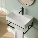 Vasque lave mains mural rectangulaire blanc mat en c�ramique avec porte - serviettes ? pour petit espace ...